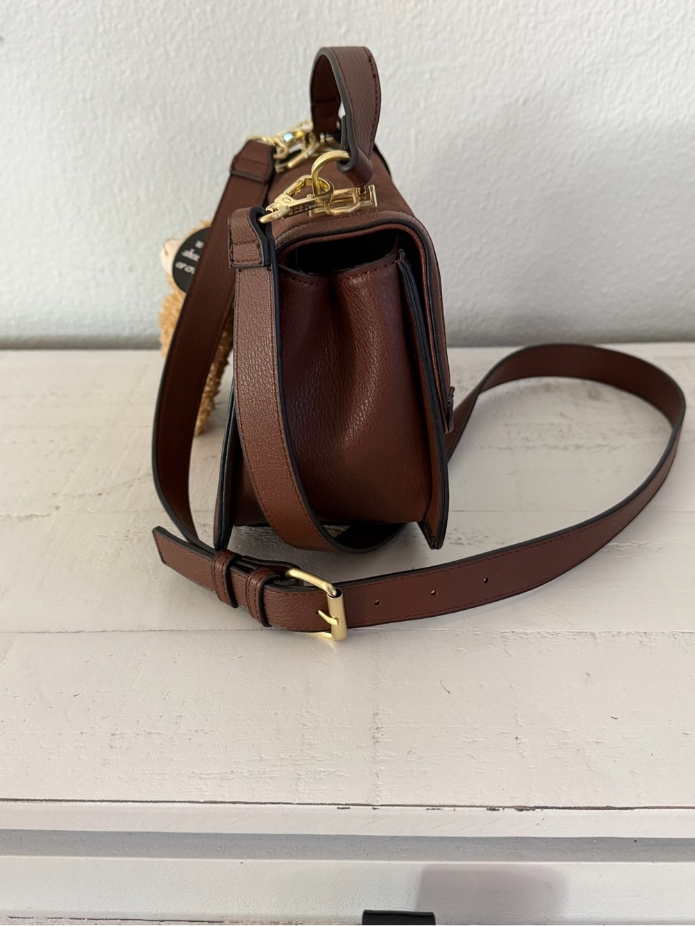 BCBGeneration Chocolate Brown Teddy Bear Charm Top Handle Crossbody Bag - Picture 7 of 14